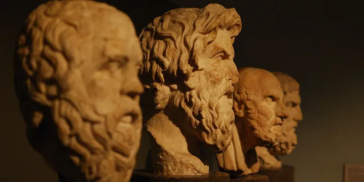 Greek philosopher busts:  Sokrates, Antisthenes, Chrysippos, Epikouros